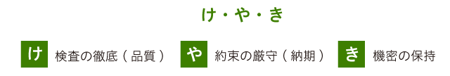 けやき：「け」検査の徹底「や」約束の厳守「き」機密の保持